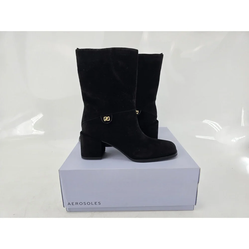 Aerosoles Oro Mid-Calf Boots Womens 8M Black Suede Block Heel -New